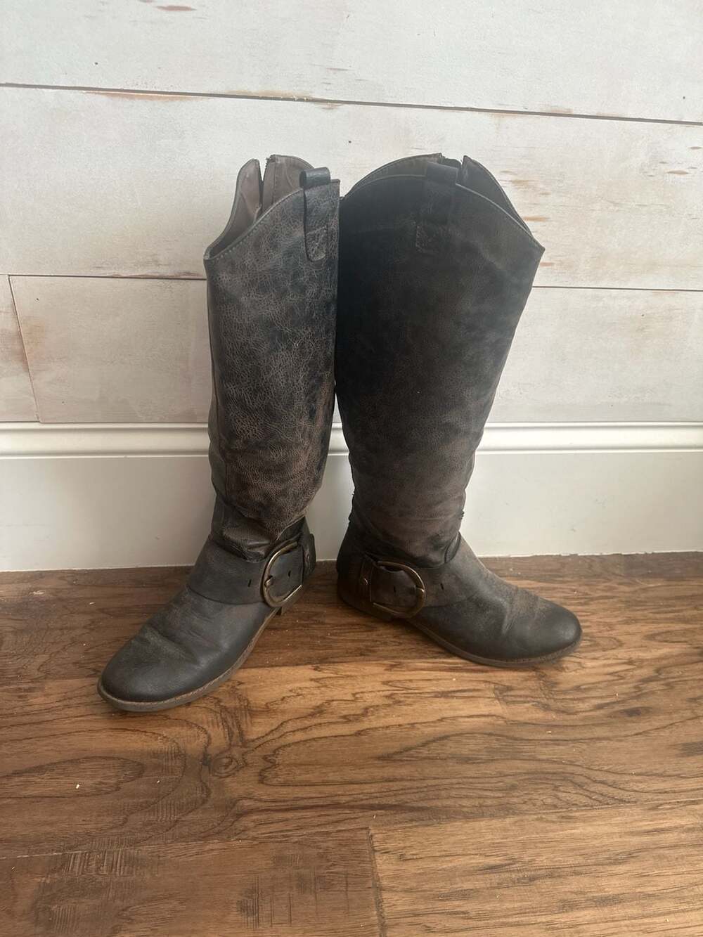 Y Not? Women's Distressed Brown Tall Riding Boots with Buckle Detail